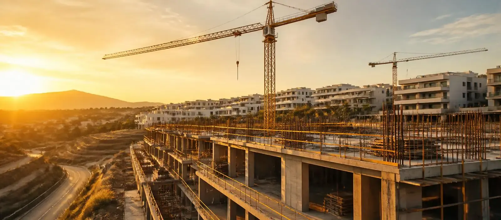 Promoción residencial en construcción con grúas al atardecer