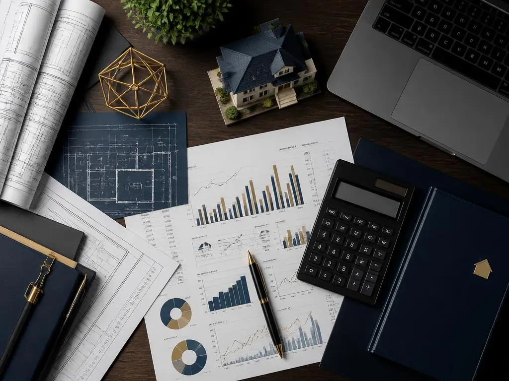 Análisis financiero de una promoción inmobiliaria sobre documentos y planos