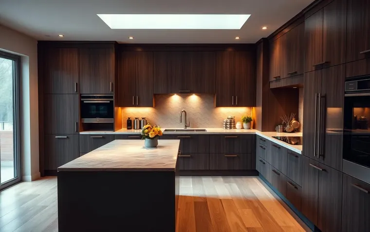 Cocina reformada con isla central, encimera de piedra, mobiliario sin tiradores y electrodomésticos integrados (imagen de referencia)