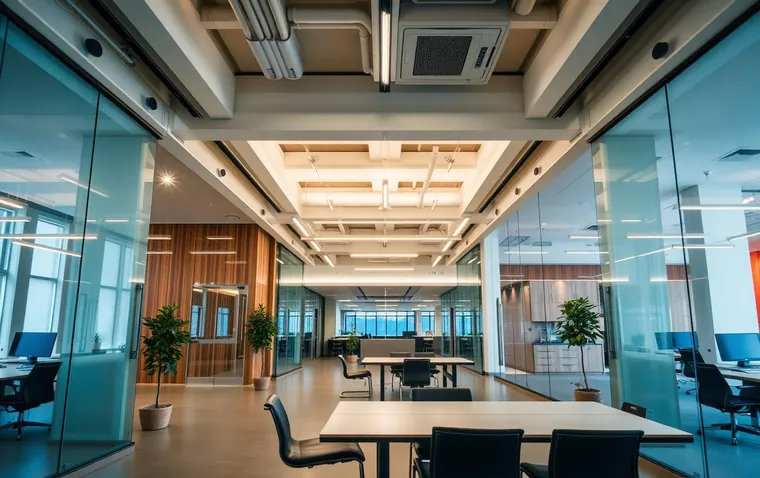 Oficina reformada de planta abierta con iluminación lineal, mamparas de vidrio y acabados de madera (imagen de referencia)