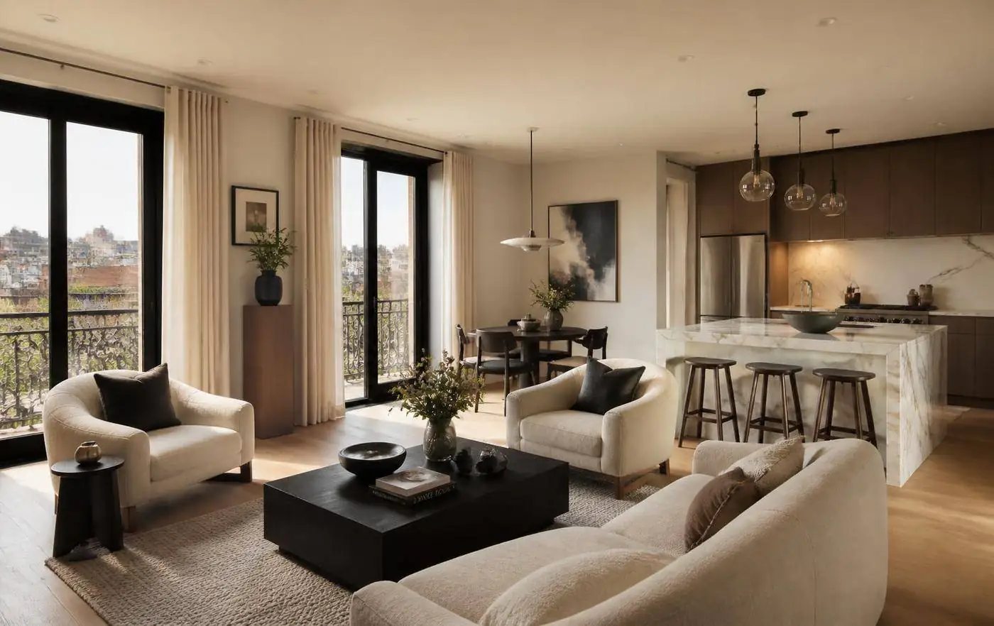 Interior de vivienda reformada con cocina de mármol y suelo de madera